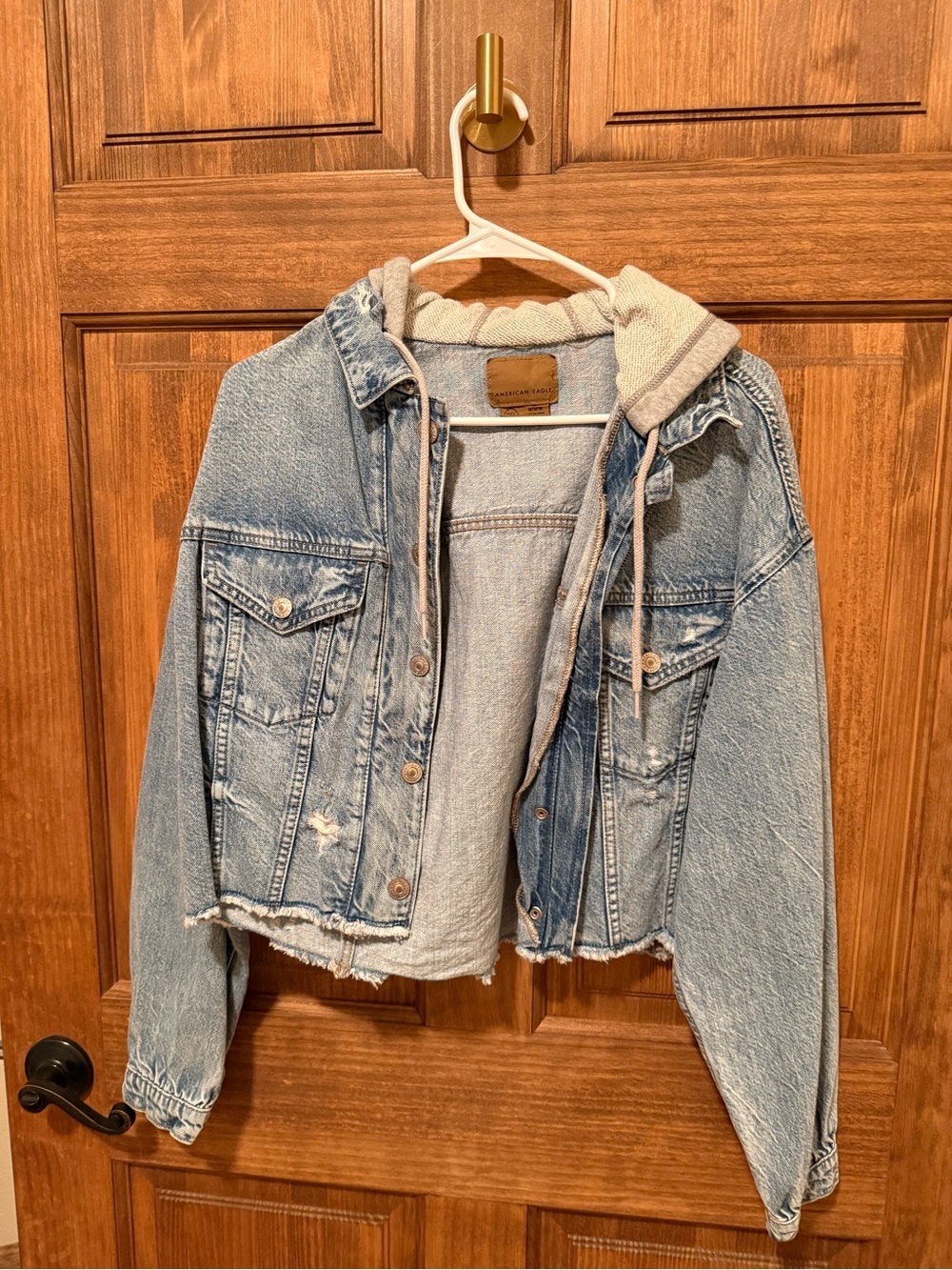 American Eagle Light Blue Denim Jacket with Cream Hood
